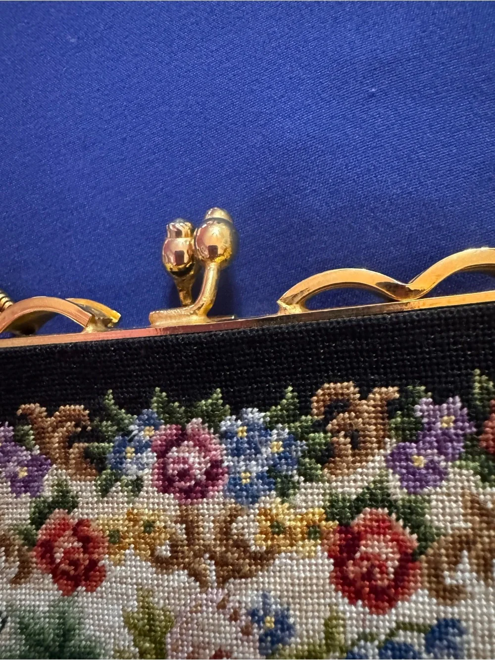 Vintage Needlepoint Floral  Purse Chain Mother of Pearl Detailed